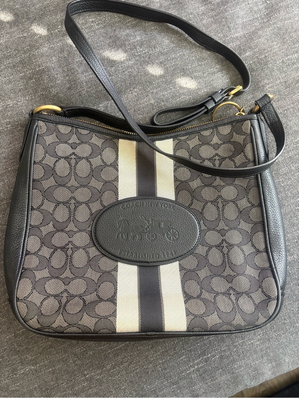 Coach Brown Signature Stripe Crossbody Bag with Black Trim